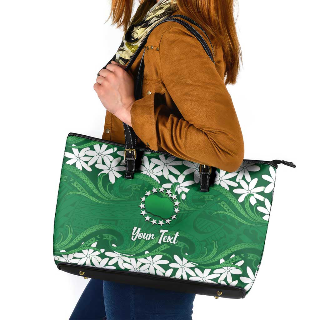 Personalised Cook Islands Rarotonga Leather Tote Bag Tiare Maori Polynesian Waves Tattoo