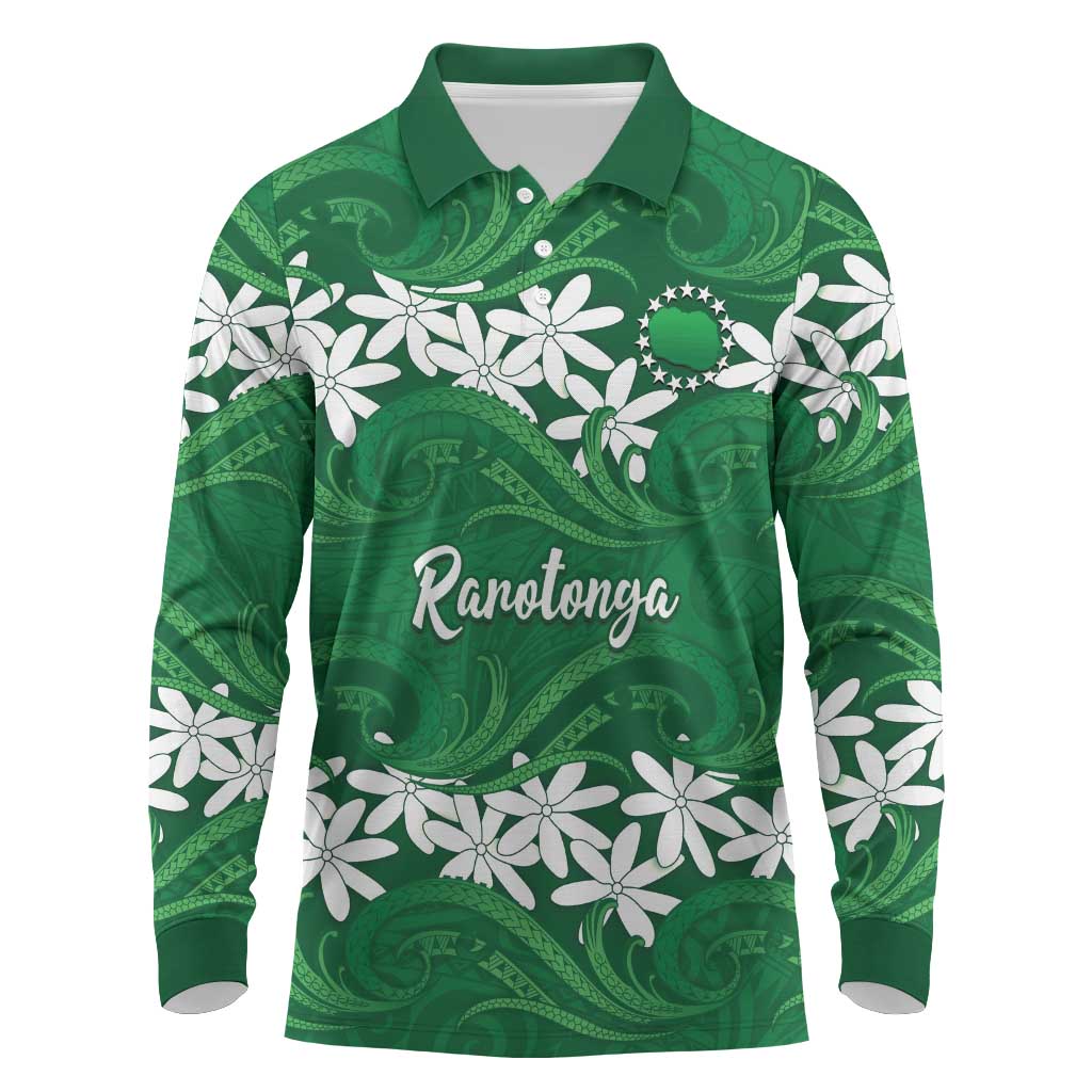 Personalised Cook Islands Rarotonga Long Sleeve Polo Shirt Tiare Maori Polynesian Waves Tattoo