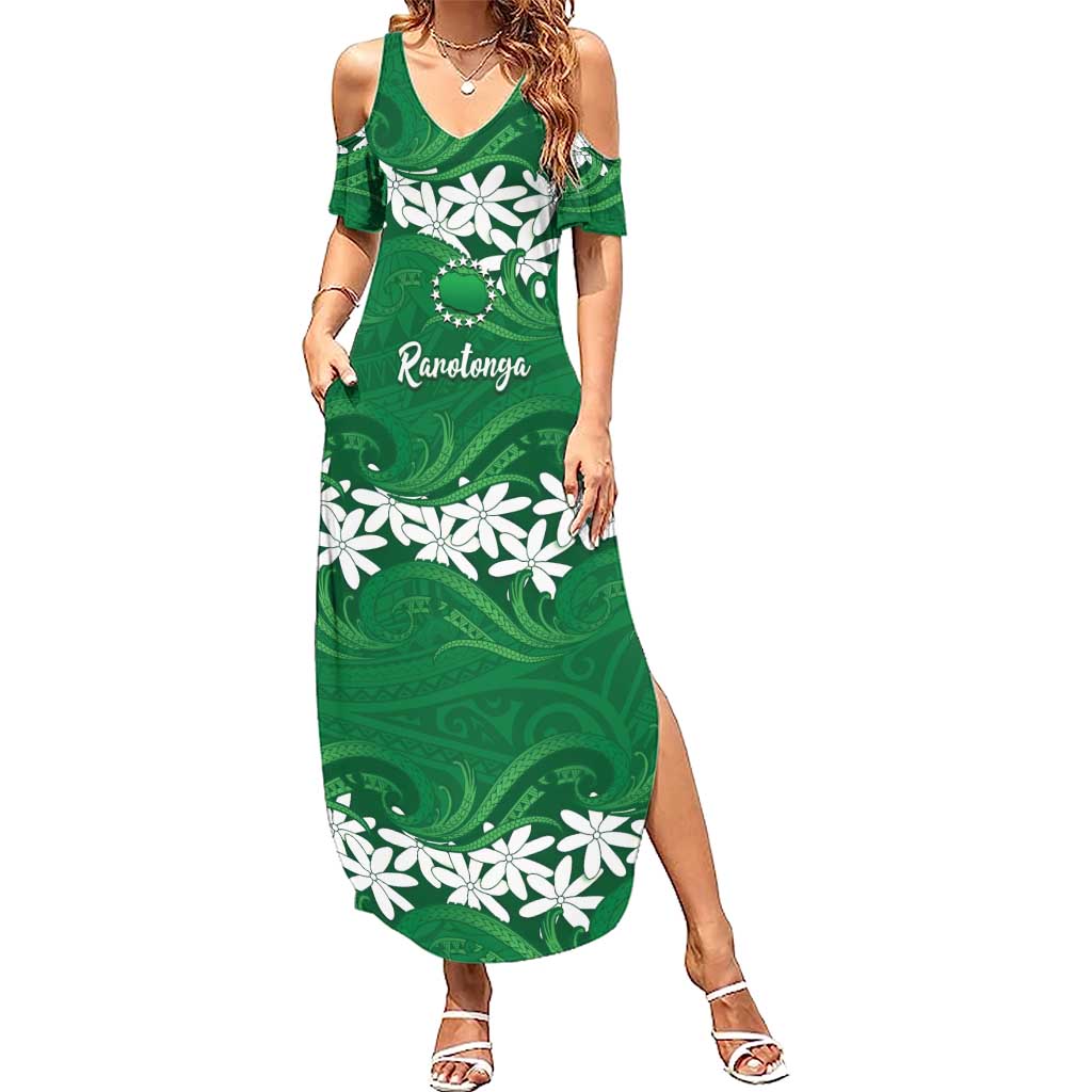 Personalised Cook Islands Rarotonga Summer Maxi Dress Tiare Maori Polynesian Waves Tattoo LT14 Women Green - Polynesian Pride