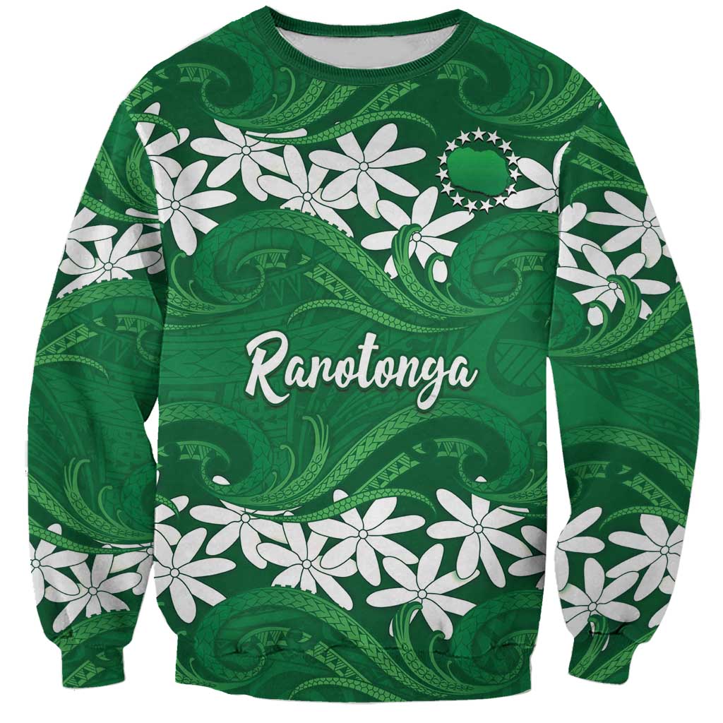 Personalised Cook Islands Rarotonga Sweatshirt Tiare Maori Polynesian Waves Tattoo