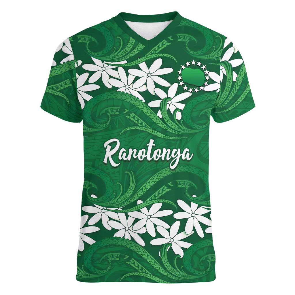 Personalised Cook Islands Rarotonga Women V-Neck T-Shirt Tiare Maori Polynesian Waves Tattoo