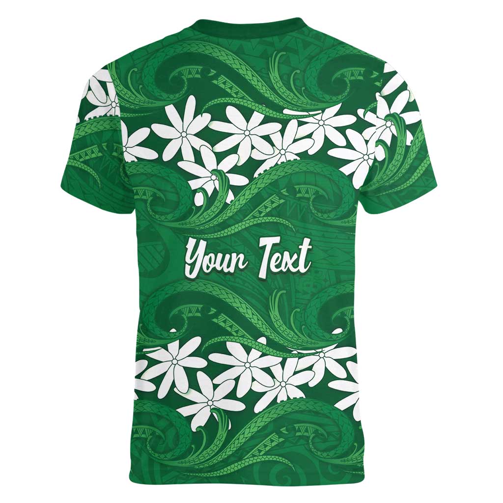 Personalised Cook Islands Rarotonga Women V-Neck T-Shirt Tiare Maori Polynesian Waves Tattoo