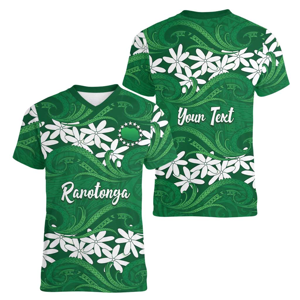 Personalised Cook Islands Rarotonga Women V-Neck T-Shirt Tiare Maori Polynesian Waves Tattoo