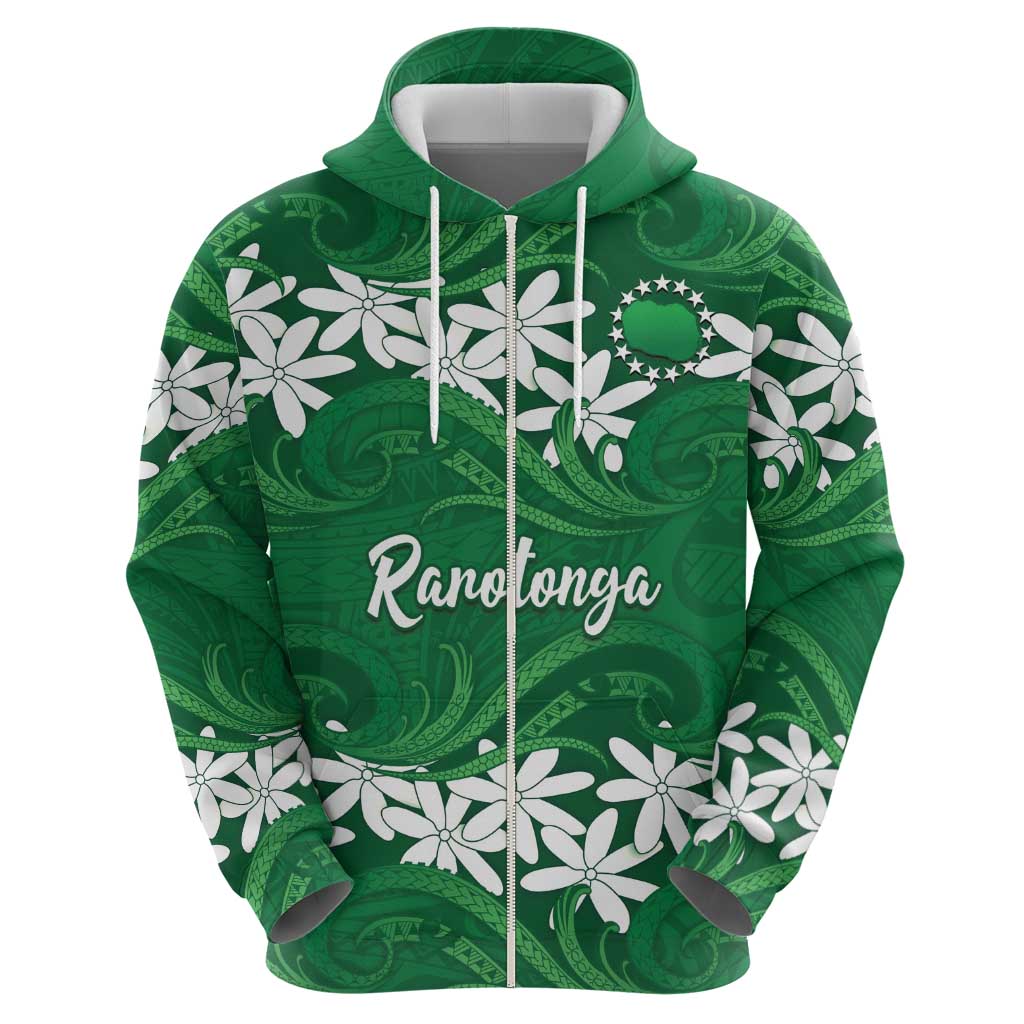 Personalised Cook Islands Rarotonga Zip Hoodie Tiare Maori Polynesian Waves Tattoo LT14 - Polynesian Pride