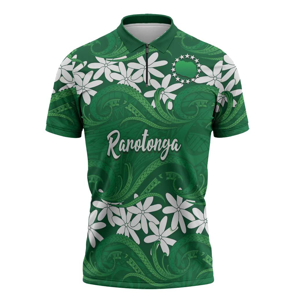 Personalised Cook Islands Rarotonga Zipper Polo Shirt Tiare Maori Polynesian Waves Tattoo