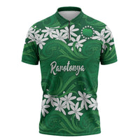 Personalised Cook Islands Rarotonga Zipper Polo Shirt Tiare Maori Polynesian Waves Tattoo