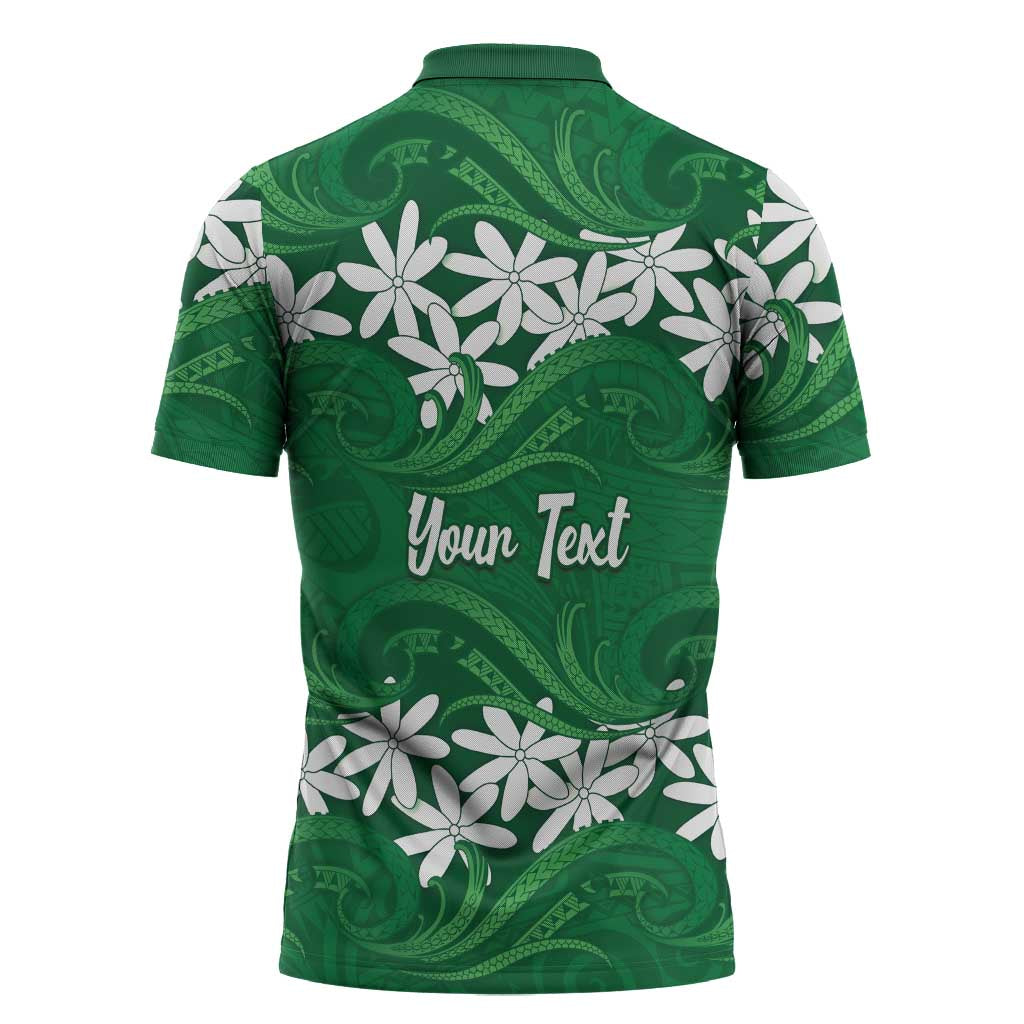 Personalised Cook Islands Rarotonga Zipper Polo Shirt Tiare Maori Polynesian Waves Tattoo
