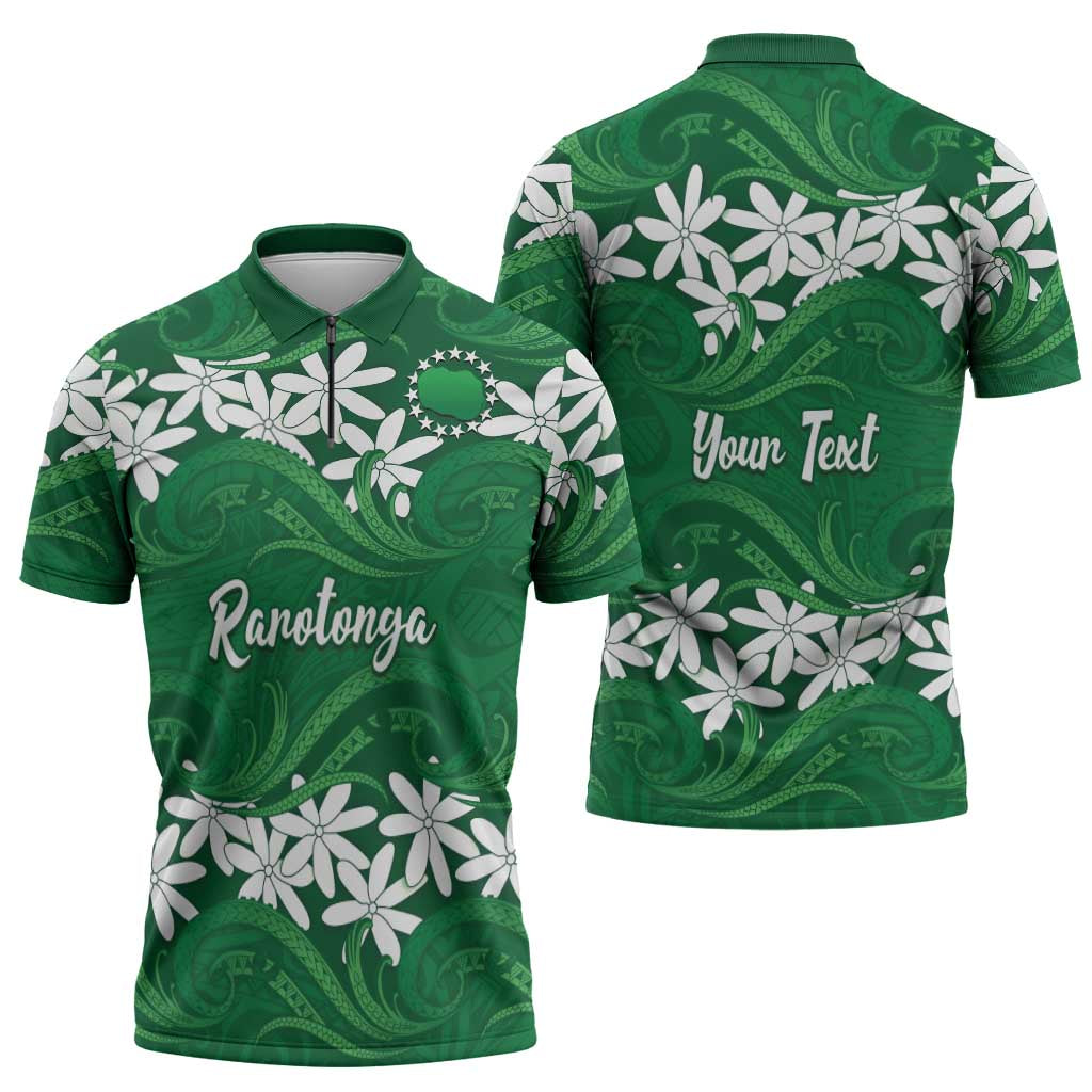 Personalised Cook Islands Rarotonga Zipper Polo Shirt Tiare Maori Polynesian Waves Tattoo