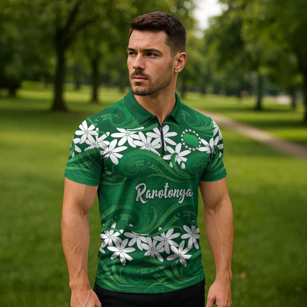 Personalised Cook Islands Rarotonga Zipper Polo Shirt Tiare Maori Polynesian Waves Tattoo