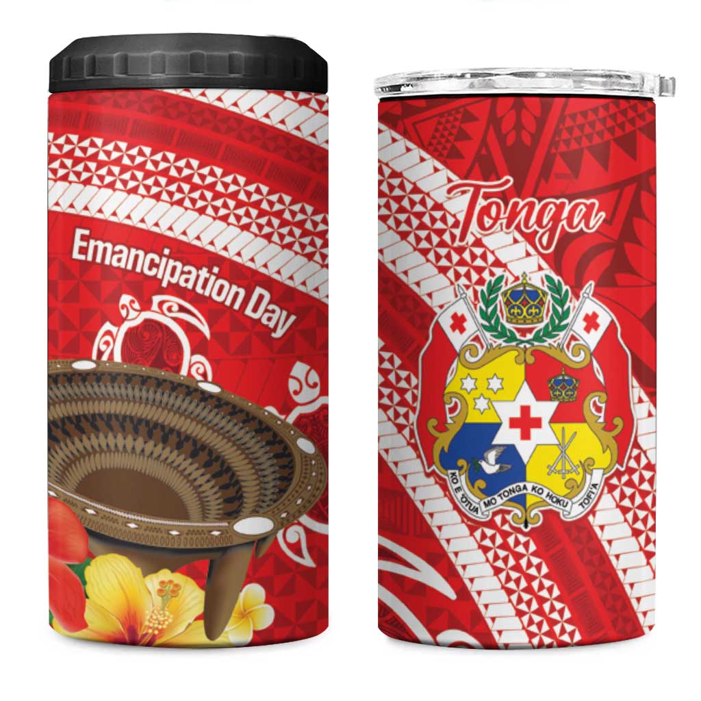 Kingdom Of Tonga Emancipation Day 4 in 1 Can Cooler Tumbler Tongan Ngatu With Kumete Red