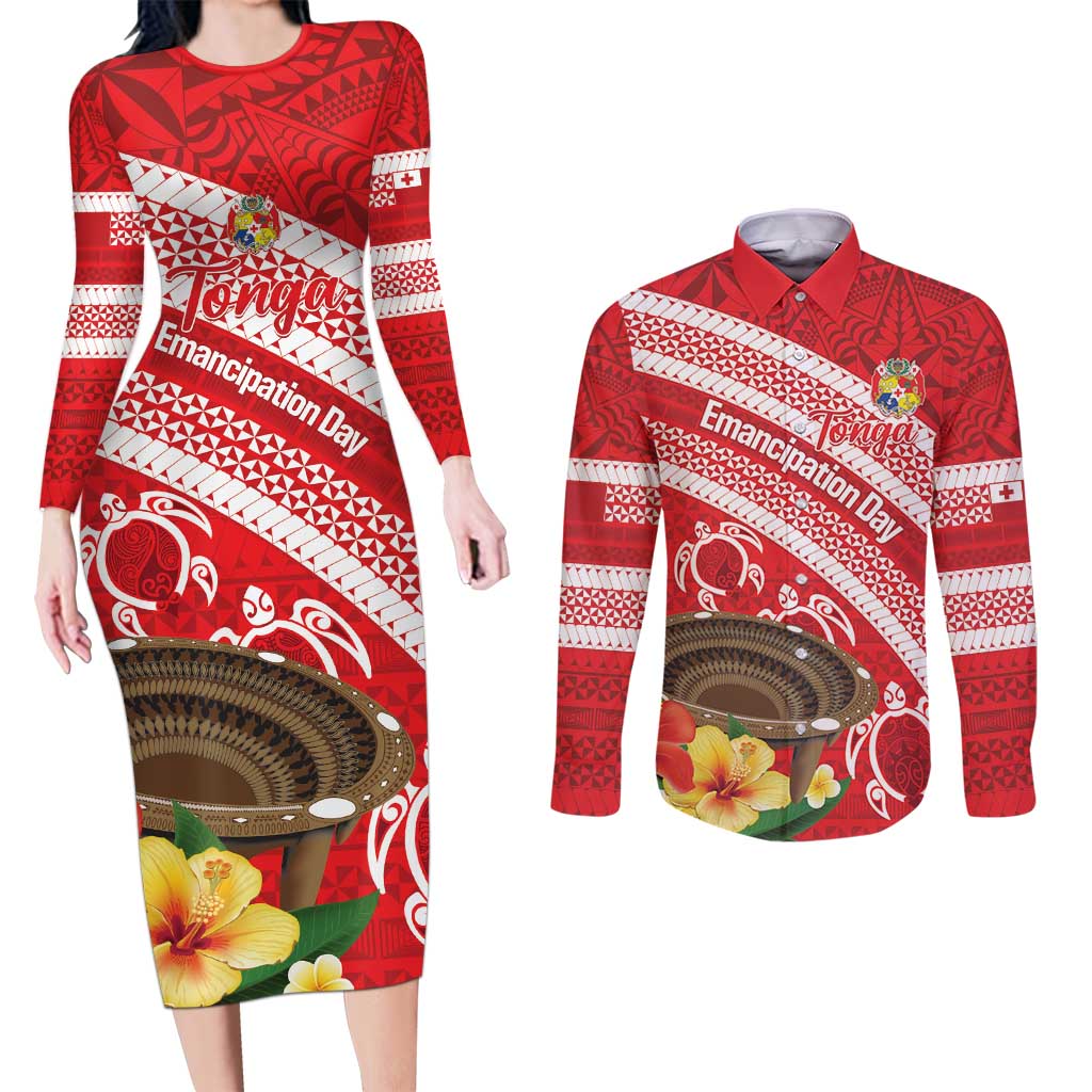 Kingdom Of Tonga Emancipation Day Couples Matching Long Sleeve Bodycon Dress and Long Sleeve Button Shirt Tongan Ngatu With Kumete Red