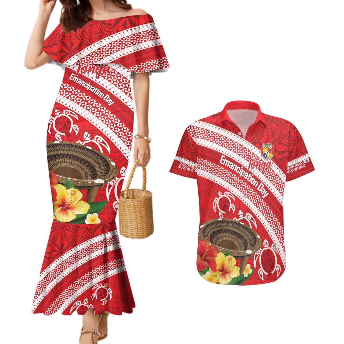 Kingdom Of Tonga Emancipation Day Couples Matching Mermaid Dress and Hawaiian Shirt Tongan Ngatu With Kumete Red