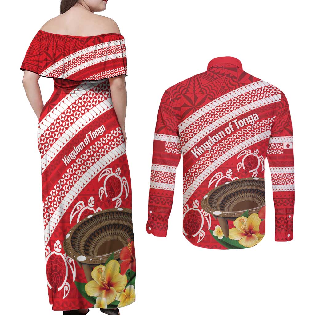 Kingdom Of Tonga Emancipation Day Couples Matching Off Shoulder Maxi Dress and Long Sleeve Button Shirt Tongan Ngatu With Kumete Red