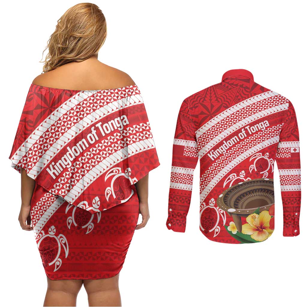 Kingdom Of Tonga Emancipation Day Couples Matching Off Shoulder Short Dress and Long Sleeve Button Shirt Tongan Ngatu With Kumete Red