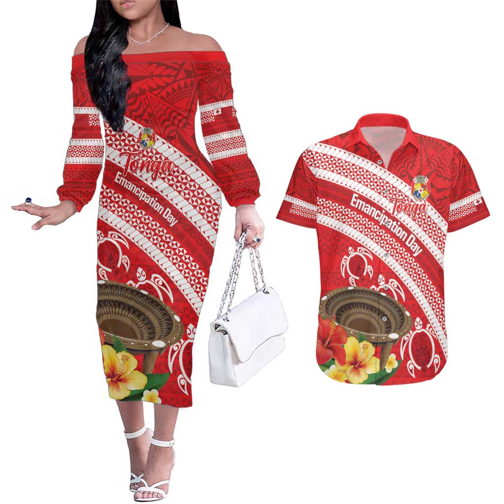 Kingdom Of Tonga Emancipation Day Couples Matching Off The Shoulder Long Sleeve Dress and Hawaiian Shirt Tongan Ngatu With Kumete Red