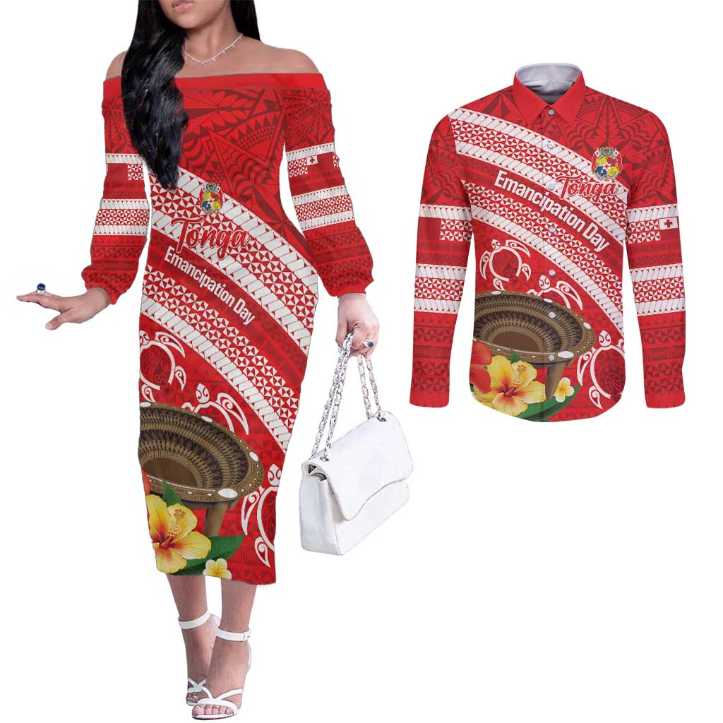 Kingdom Of Tonga Emancipation Day Couples Matching Off The Shoulder Long Sleeve Dress and Long Sleeve Button Shirt Tongan Ngatu With Kumete Red