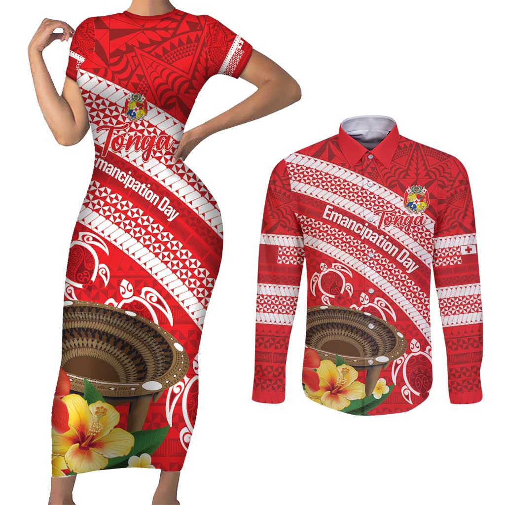 Kingdom Of Tonga Emancipation Day Couples Matching Short Sleeve Bodycon Dress and Long Sleeve Button Shirt Tongan Ngatu With Kumete Red
