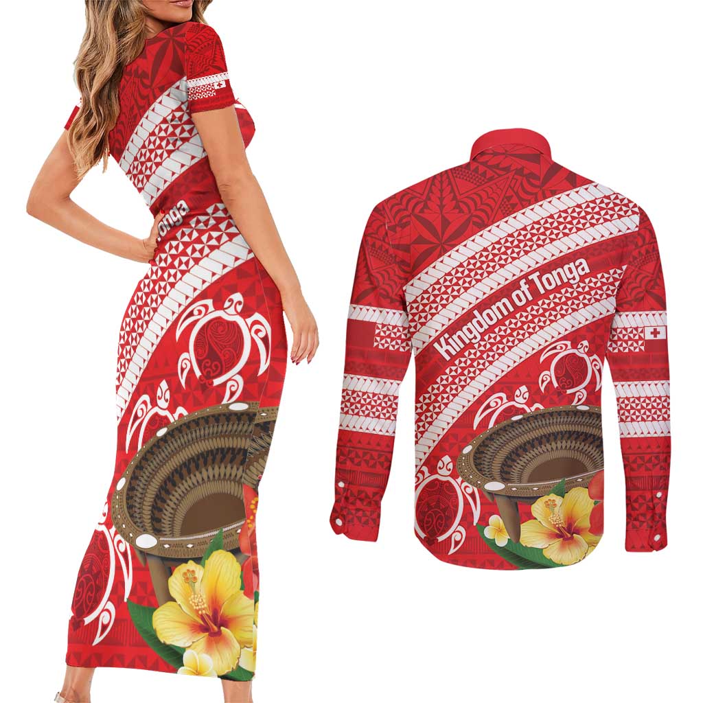 Kingdom Of Tonga Emancipation Day Couples Matching Short Sleeve Bodycon Dress and Long Sleeve Button Shirt Tongan Ngatu With Kumete Red