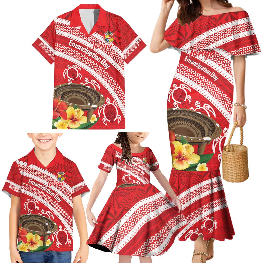 Kingdom Of Tonga Emancipation Day Family Matching Mermaid Dress and Hawaiian Shirt Tongan Ngatu With Kumete Red