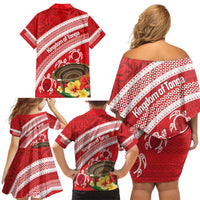Kingdom Of Tonga Emancipation Day Family Matching Off Shoulder Short Dress and Hawaiian Shirt Tongan Ngatu With Kumete Red