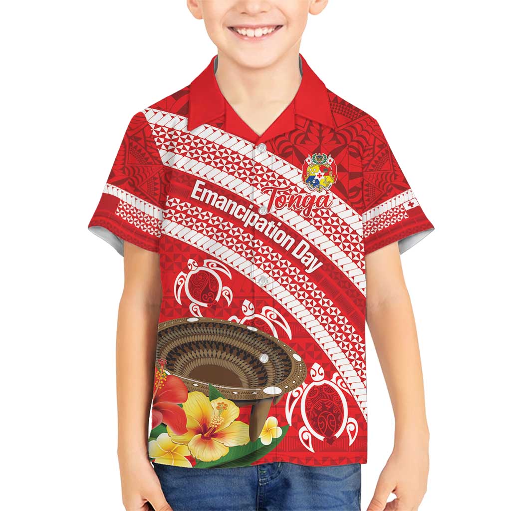 Kingdom Of Tonga Emancipation Day Family Matching Puletasi and Hawaiian Shirt Tongan Ngatu With Kumete Red LT14 Son's Shirt Red - Polynesian Pride