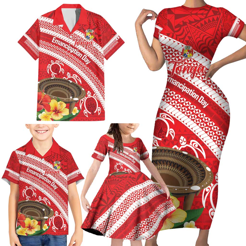 Kingdom Of Tonga Emancipation Day Family Matching Short Sleeve Bodycon Dress and Hawaiian Shirt Tongan Ngatu With Kumete Red