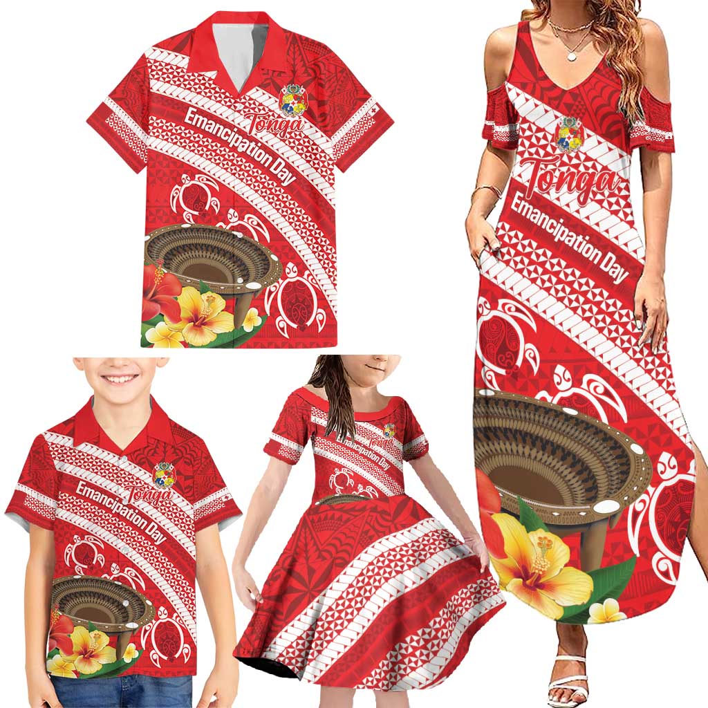 Kingdom Of Tonga Emancipation Day Family Matching Summer Maxi Dress and Hawaiian Shirt Tongan Ngatu With Kumete Red