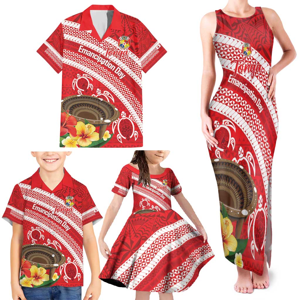 Kingdom Of Tonga Emancipation Day Family Matching Tank Maxi Dress and Hawaiian Shirt Tongan Ngatu With Kumete Red