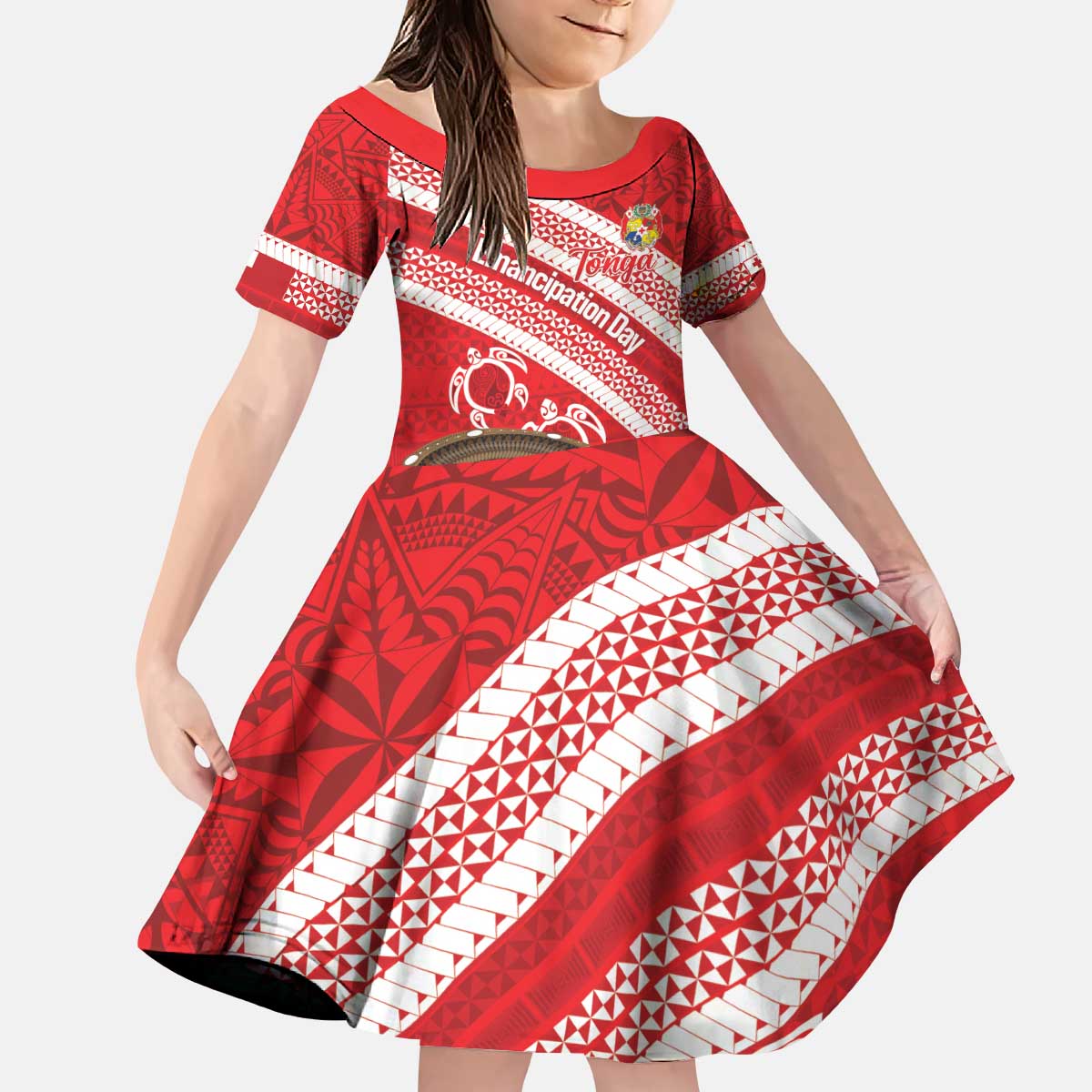 Kingdom Of Tonga Emancipation Day Kid Short Sleeve Dress Tongan Ngatu With Kumete Red