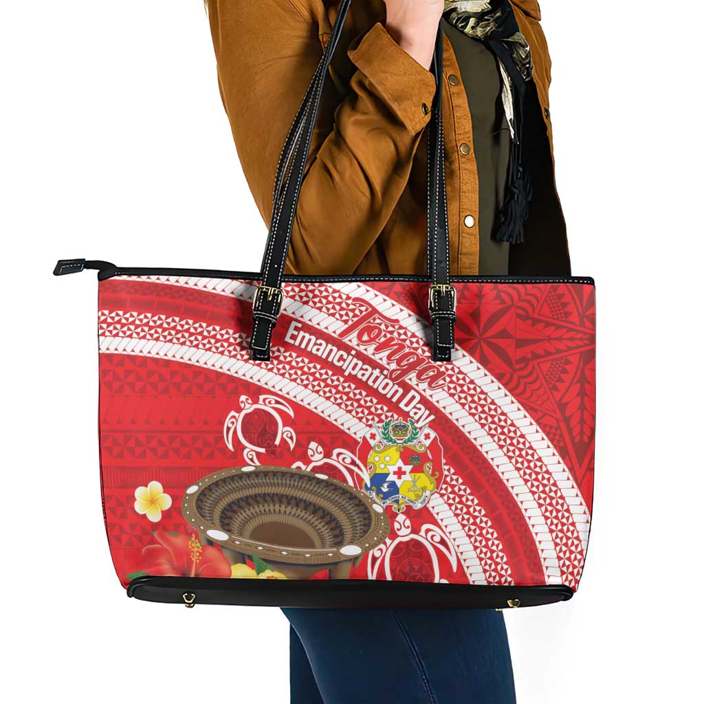 Kingdom Of Tonga Emancipation Day Leather Tote Bag Tongan Ngatu With Kumete Red LT14 - Polynesian Pride