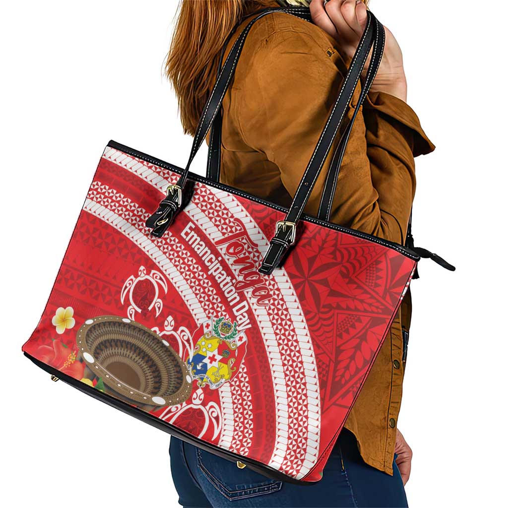 Kingdom Of Tonga Emancipation Day Leather Tote Bag Tongan Ngatu With Kumete Red LT14 - Polynesian Pride