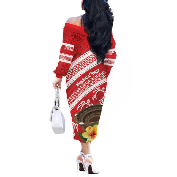 Personalized Tonga Off The Shoulder Long Sleeve Dress Coat Of Arms Tongatapu With Ngatu Pattern LT05 main image 1