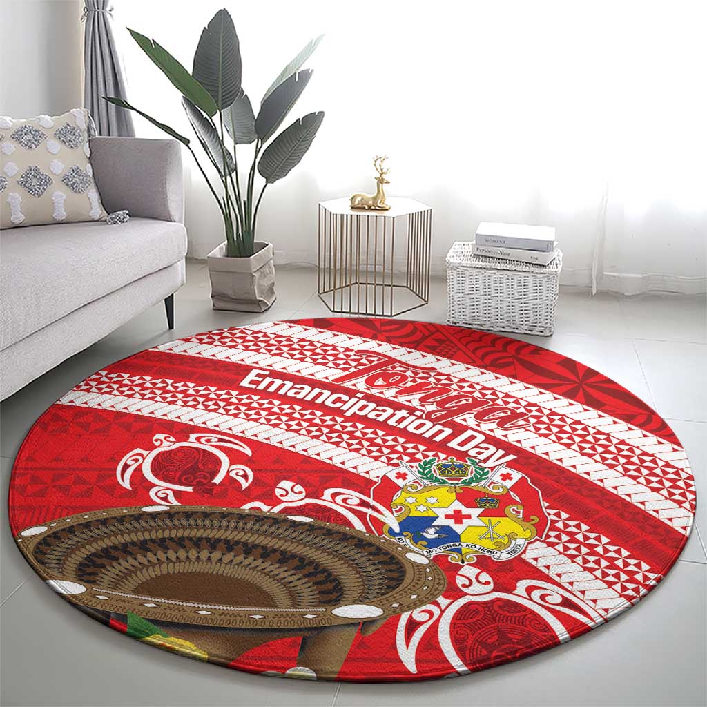 Kingdom Of Tonga Emancipation Day Round Carpet Tongan Ngatu With Kumete Red LT14 - Polynesian Pride