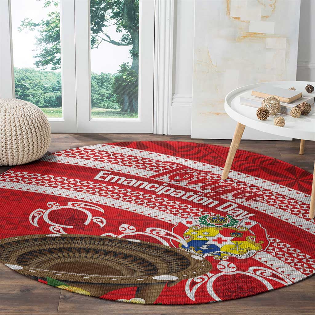 Kingdom Of Tonga Emancipation Day Round Carpet Tongan Ngatu With Kumete Red LT14 - Polynesian Pride