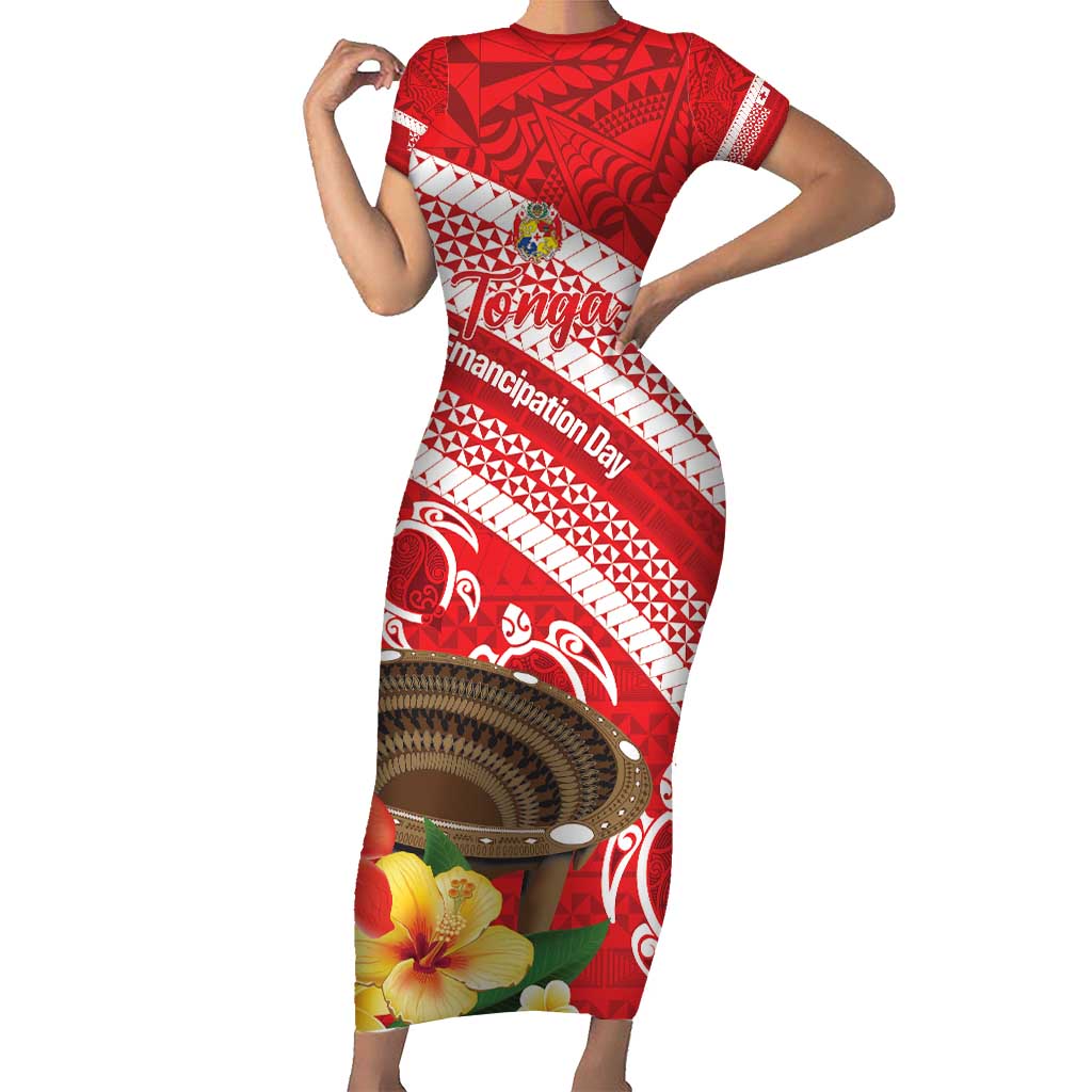 Kingdom Of Tonga Emancipation Day Short Sleeve Bodycon Dress Tongan Ngatu With Kumete Red