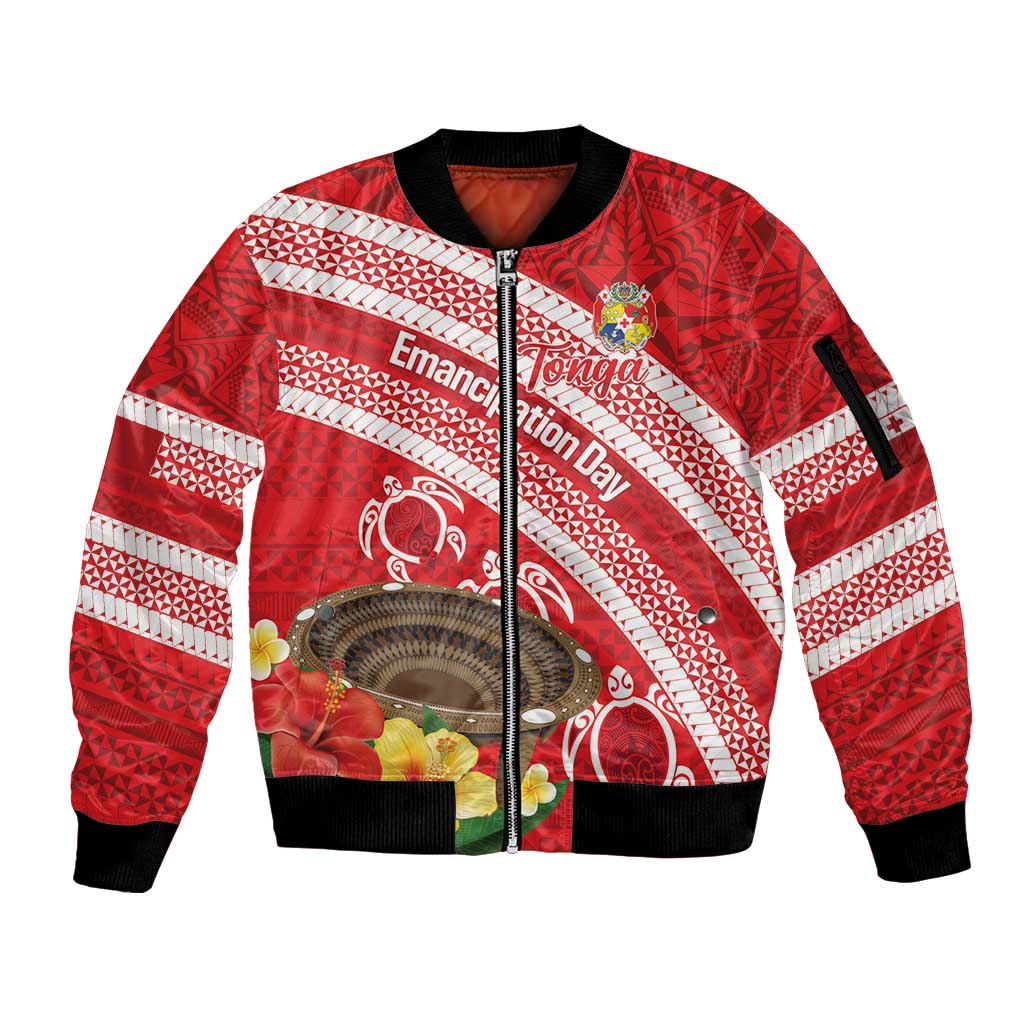 Kingdom Of Tonga Emancipation Day Sleeve Zip Bomber Jacket Tongan Ngatu With Kumete Red LT14 Unisex Red - Polynesian Pride