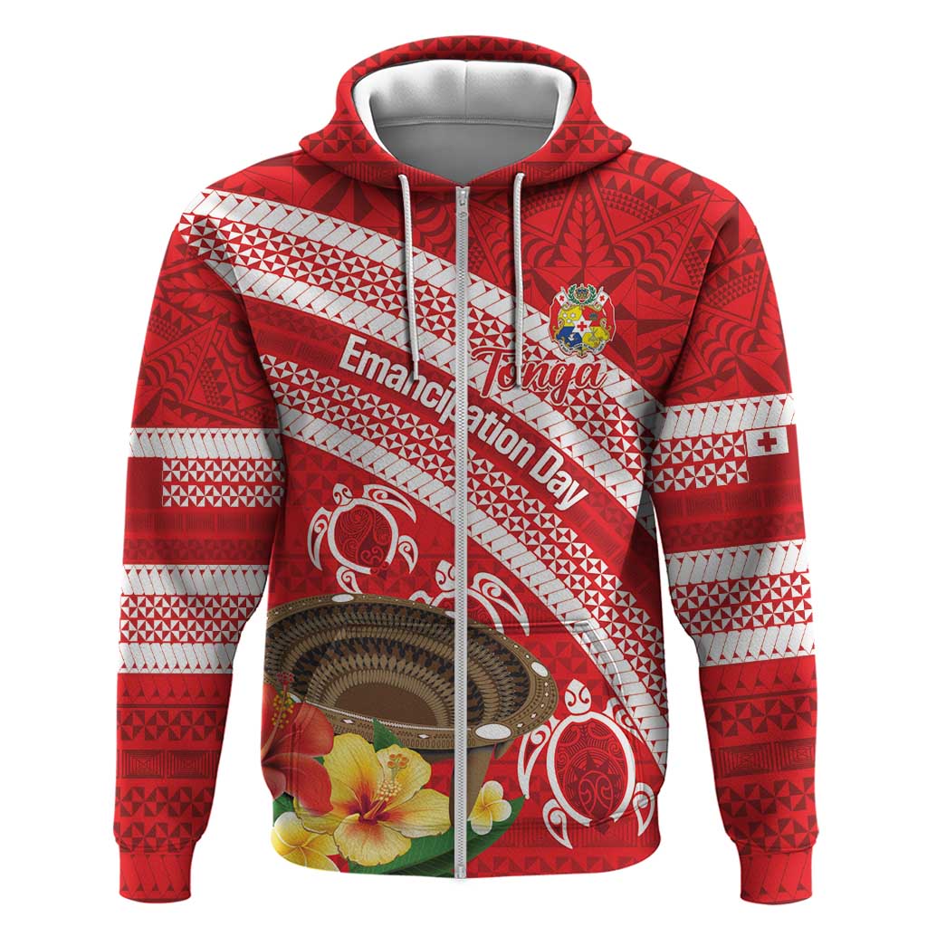 Kingdom Of Tonga Emancipation Day Zip Hoodie Tongan Ngatu With Kumete Red LT14 Zip Hoodie Red - Polynesian Pride