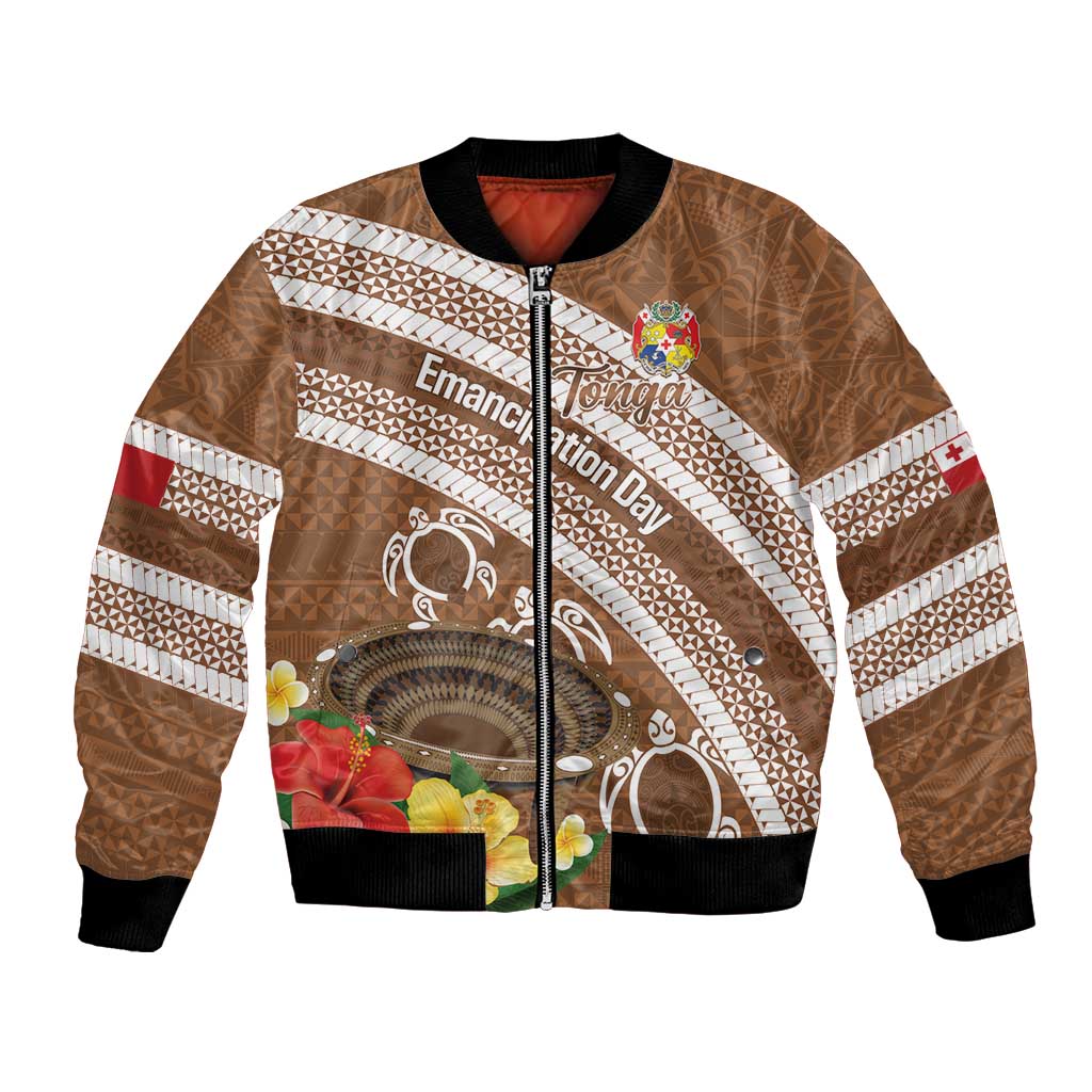 Kingdom Of Tonga Emancipation Day Bomber Jacket Tongan Ngatu With Kumete Brown LT14 Unisex Brown - Polynesian Pride