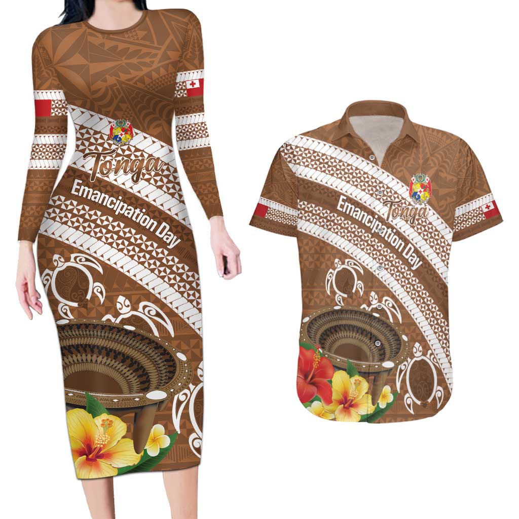 Kingdom Of Tonga Emancipation Day Couples Matching Long Sleeve Bodycon Dress and Hawaiian Shirt Tongan Ngatu With Kumete Brown