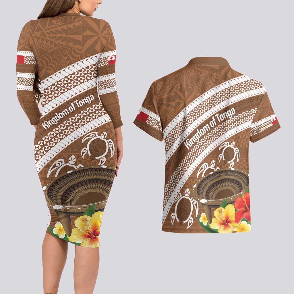 Kingdom Of Tonga Emancipation Day Couples Matching Long Sleeve Bodycon Dress and Hawaiian Shirt Tongan Ngatu With Kumete Brown