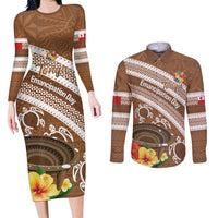 Kingdom Of Tonga Emancipation Day Couples Matching Long Sleeve Bodycon Dress and Long Sleeve Button Shirt Tongan Ngatu With Kumete Brown