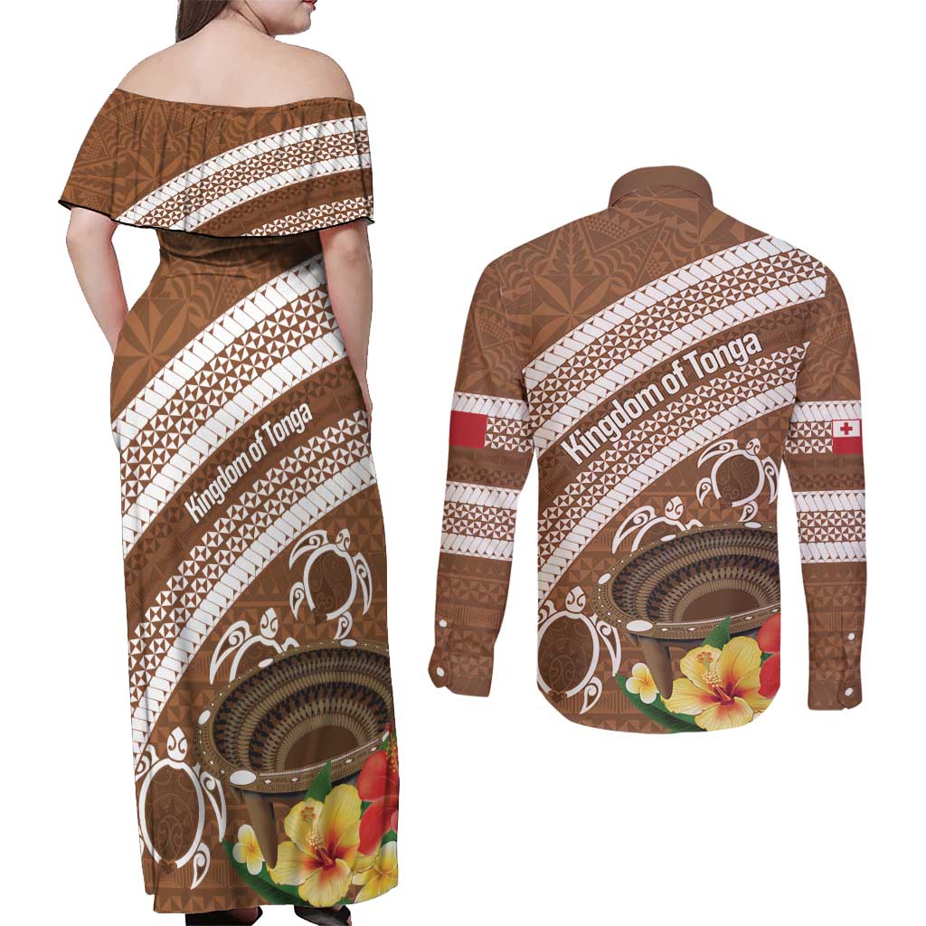 Kingdom Of Tonga Emancipation Day Couples Matching Off Shoulder Maxi Dress and Long Sleeve Button Shirt Tongan Ngatu With Kumete Brown