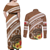 Kingdom Of Tonga Emancipation Day Couples Matching Off Shoulder Maxi Dress and Long Sleeve Button Shirt Tongan Ngatu With Kumete Brown