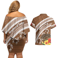 Kingdom Of Tonga Emancipation Day Couples Matching Off Shoulder Short Dress and Hawaiian Shirt Tongan Ngatu With Kumete Brown