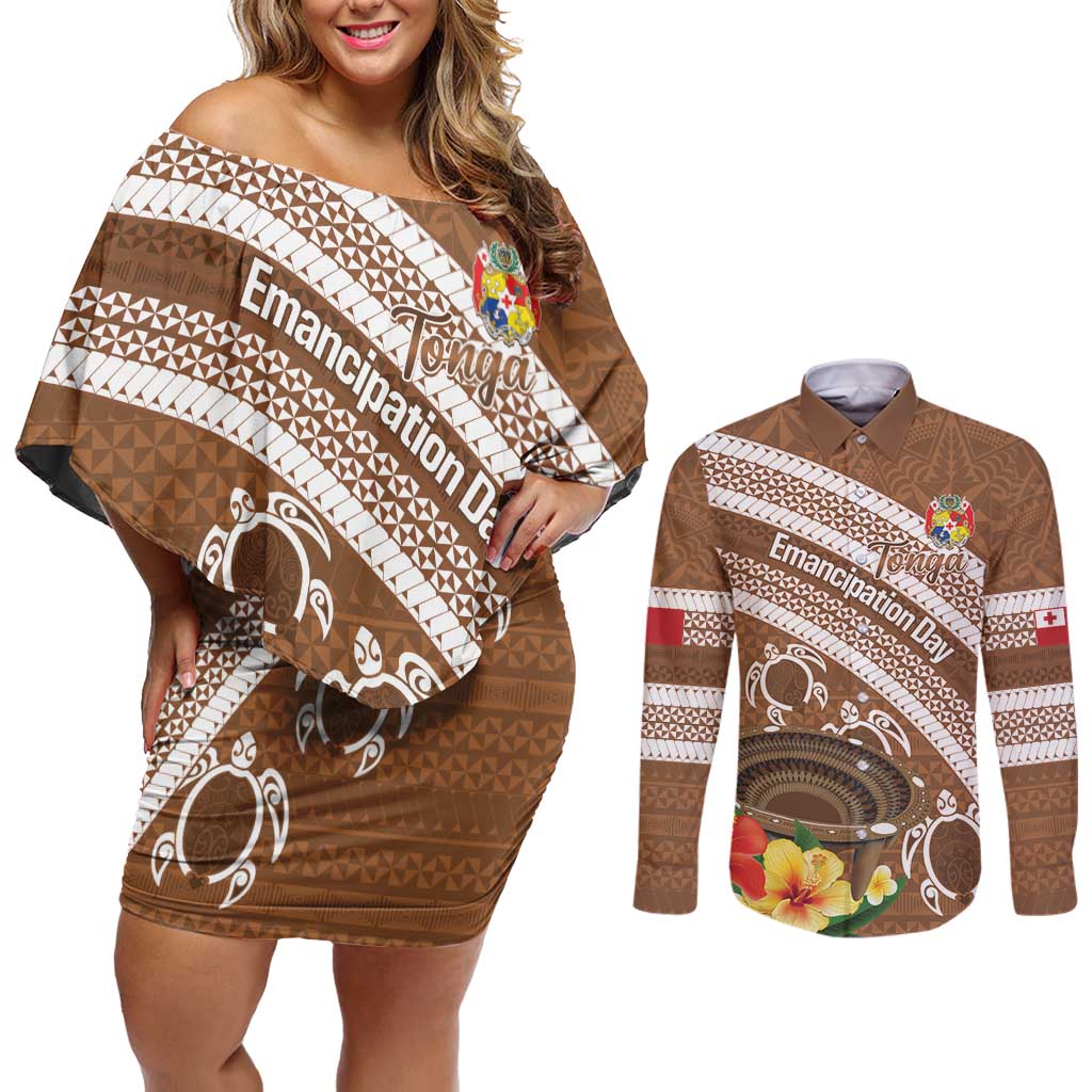 Kingdom Of Tonga Emancipation Day Couples Matching Off Shoulder Short Dress and Long Sleeve Button Shirt Tongan Ngatu With Kumete Brown
