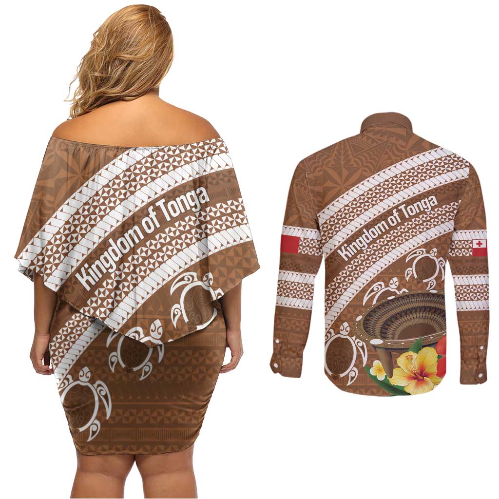Kingdom Of Tonga Emancipation Day Couples Matching Off Shoulder Short Dress and Long Sleeve Button Shirt Tongan Ngatu With Kumete Brown