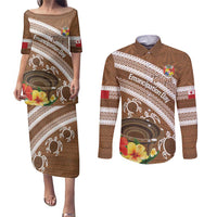 Kingdom Of Tonga Emancipation Day Couples Matching Puletasi and Long Sleeve Button Shirt Tongan Ngatu With Kumete Brown