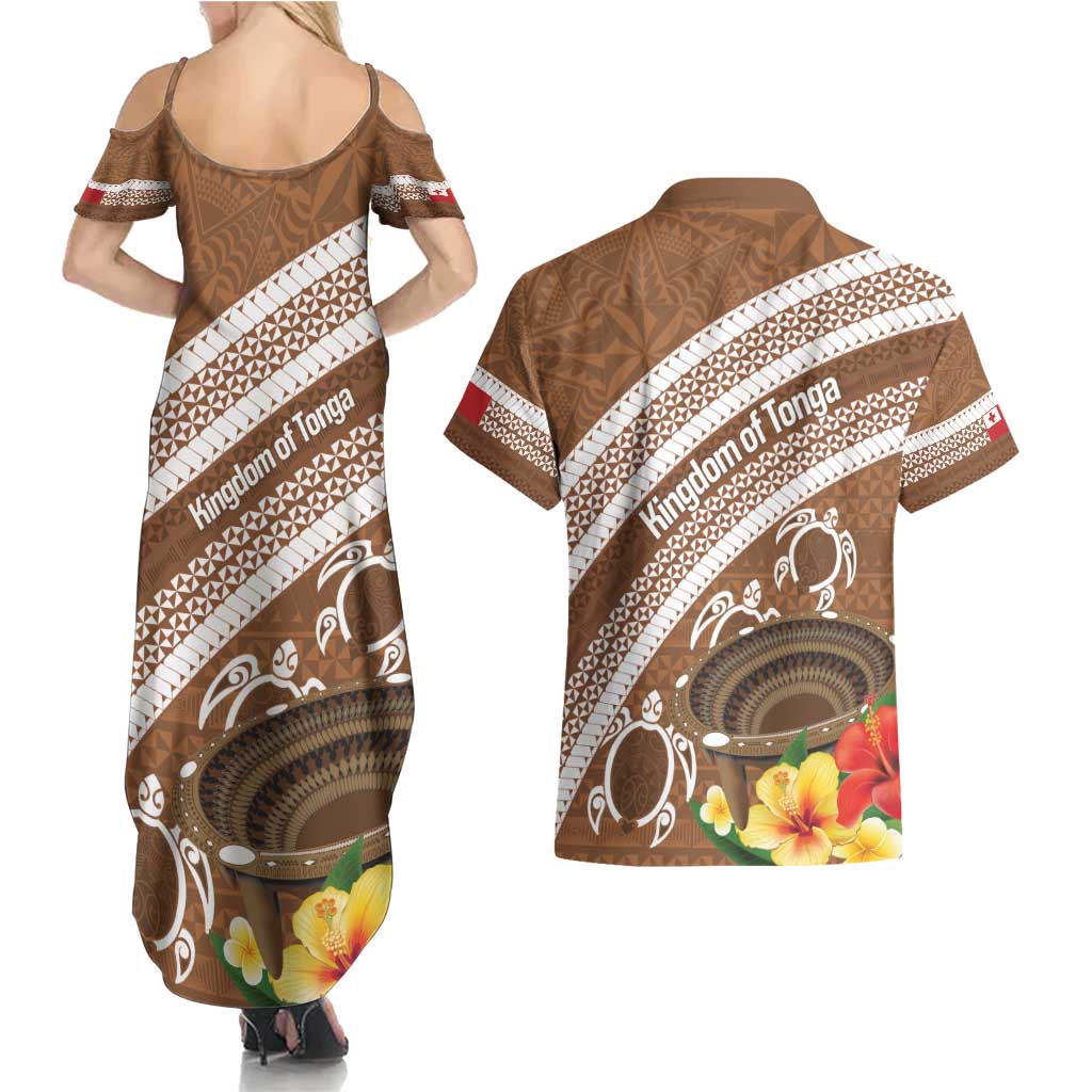 Kingdom Of Tonga Emancipation Day Couples Matching Summer Maxi Dress and Hawaiian Shirt Tongan Ngatu With Kumete Brown
