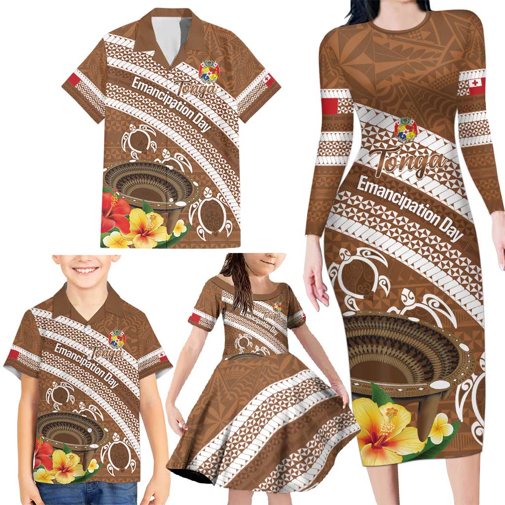 Kingdom Of Tonga Emancipation Day Family Matching Long Sleeve Bodycon Dress and Hawaiian Shirt Tongan Ngatu With Kumete Brown