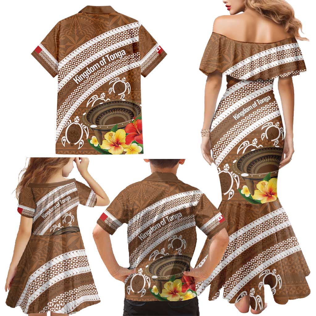 Kingdom Of Tonga Emancipation Day Family Matching Mermaid Dress and Hawaiian Shirt Tongan Ngatu With Kumete Brown